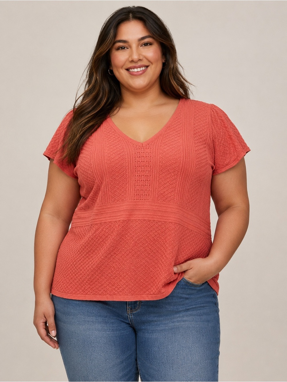 Torrid Everyday Soft Knit Textured V-Neck Top Coral | Size 1